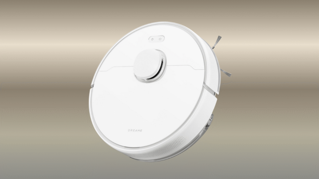 Dreame F10 Robotic Vacuum & Mop — round white robot vacuum on tile floor.