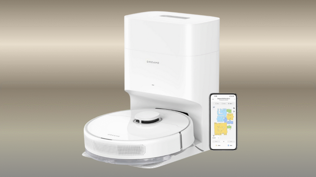 Dreame D10 Plus Gen 2 Robot Vacuum — white circular smart robot vacuum cleaner with self-emptying base dock on a wooden floor, showing a compact design for home cleaning.