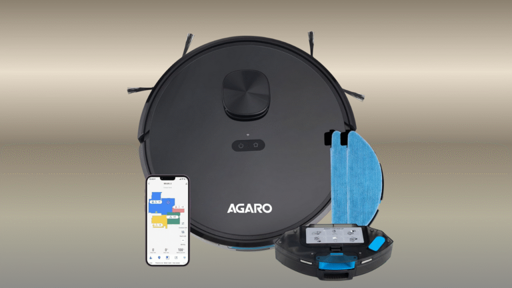 AGARO Alpha robot vacuum cleaner — round smart vacuum on tiled floor in a living room.