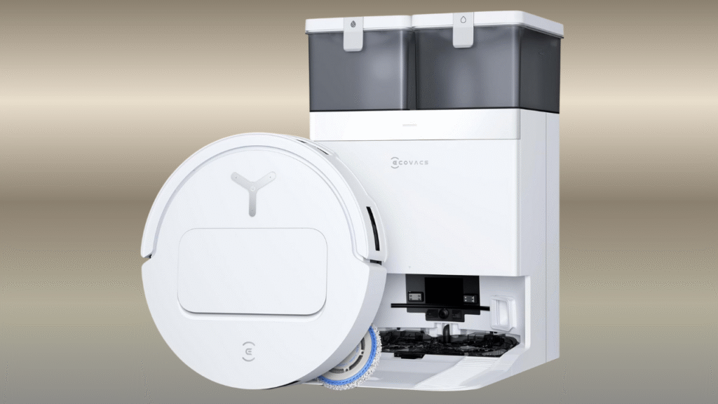 ECOVACS Deebot T50 PRO Omni Robot Vacuum & Mop on polished tile floor — slim smart vacuum with 15,000 Pa suction and mop-vac feature, ideal for Indian homes.