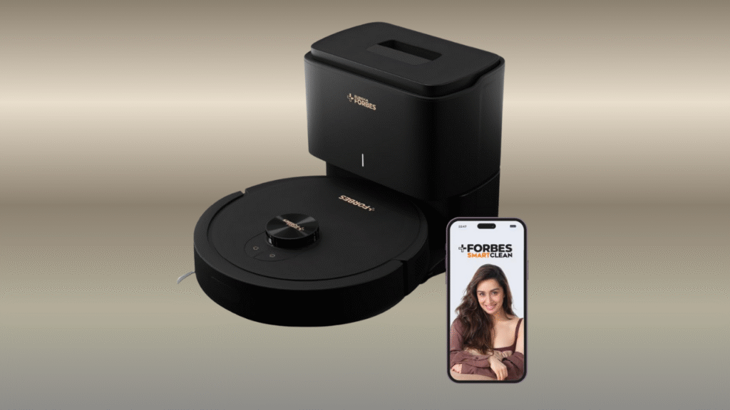 Eureka Forbes SmartClean Deluxe Robotic Vacuum Cleaner on marble floor — powerful smart home cleaning robot for dust, debris and daily maintenance in Indian homes.