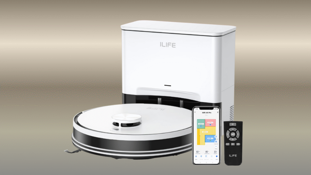 ILIFE A30 Pro Vacuum + Mop on polished tile floor — smart robot vacuum and mop combo ideal for everyday dust removal and floor cleaning in apartments.