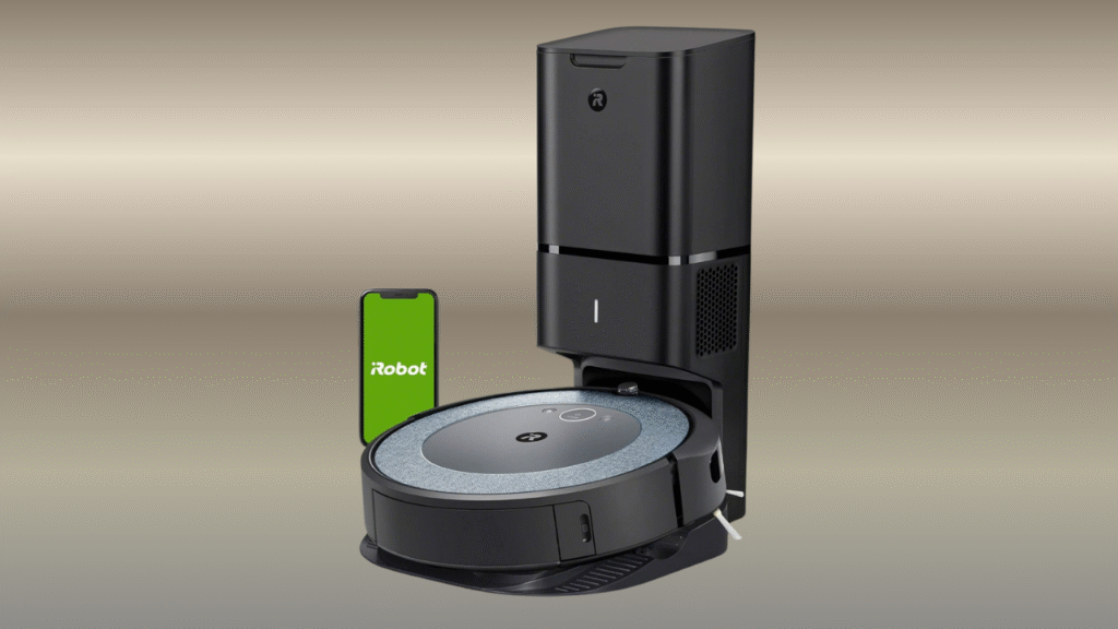 iRobot Roomba i3 robot vacuum on polished tile floor — premium smart cleaning for homes with pets, carpets and mixed flooring.