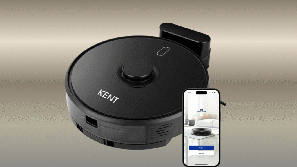 KENT RoboKlean R1 Black 2-in-1 — sleek black robot vacuum and mop on tiled floor, ideal for Indian homes and apartments.