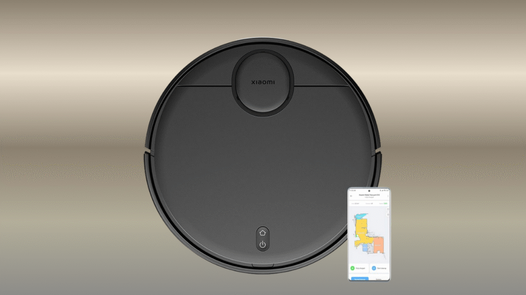 Xiaomi Robot Vacuum S10 — sleek round vacuum robot on tiled floor of a living room